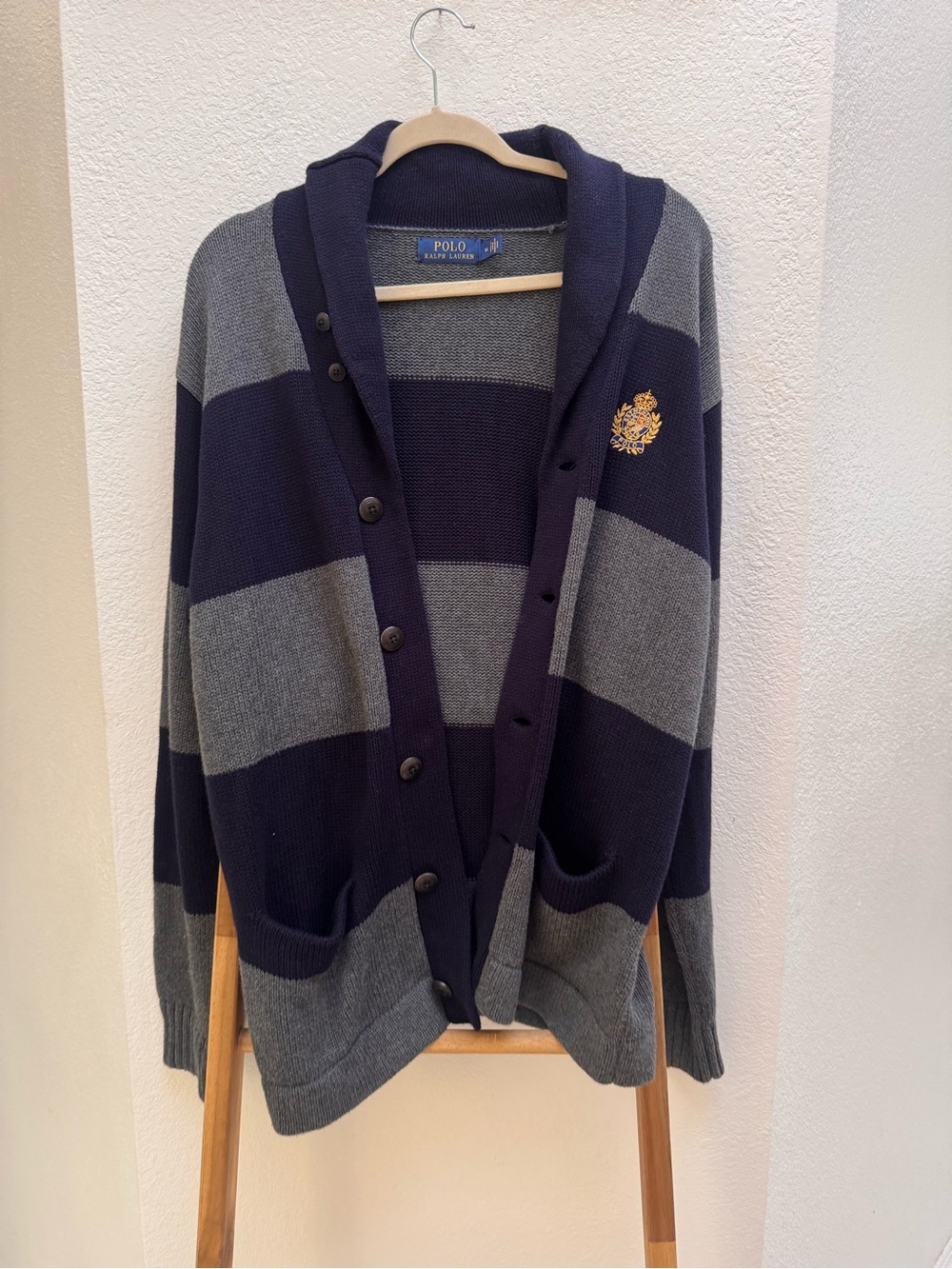 Polo Ralph Lauren Mens Navy Gray Striped Shawl-Collar Cardigan 100% Merino Wool - Picture 7 of 14